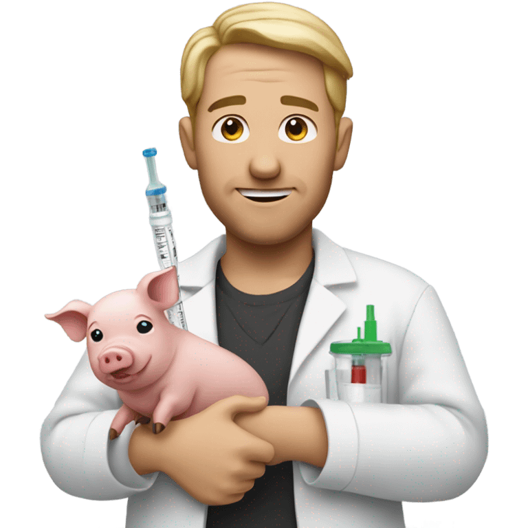 Man holding a pig on one hand and injection on the other hand emoji