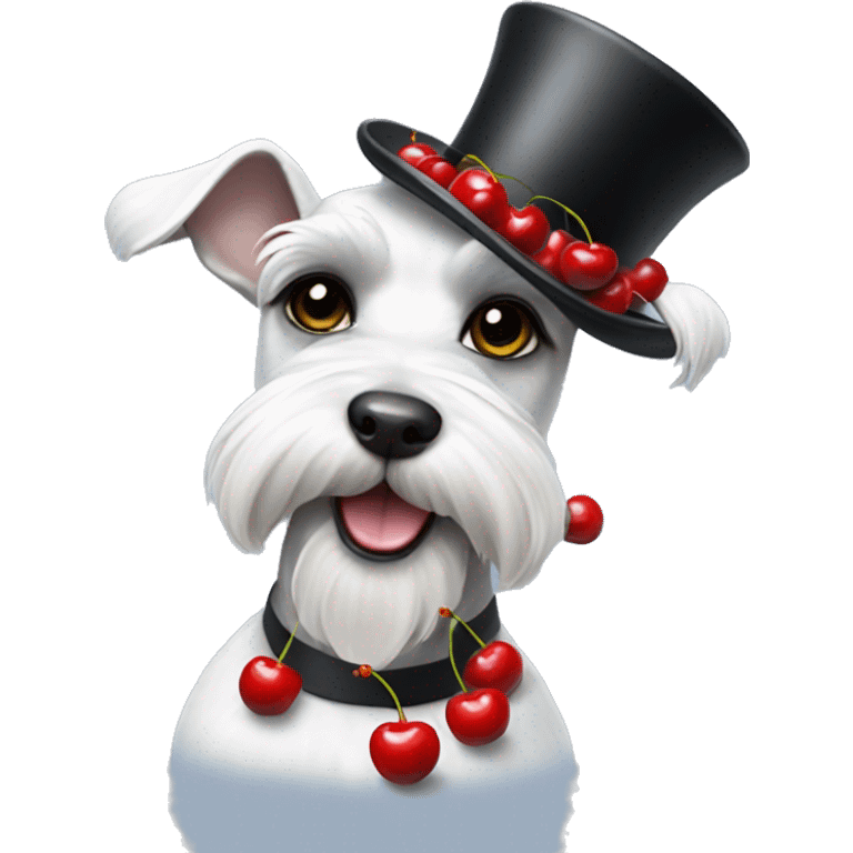 White fun mini schnauzer wearing top hat with cherries emoji