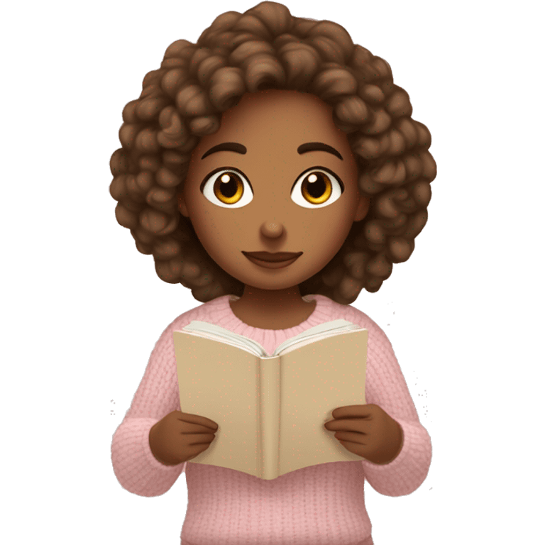 Pretty brown eyed tan girl with light pink sweater reading cozy emoji