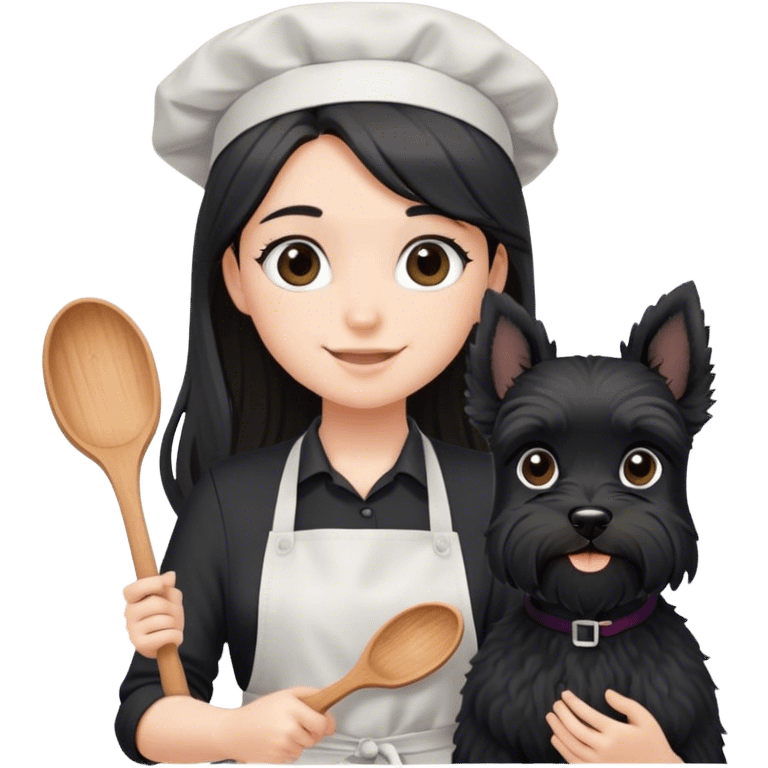 pale smiling girl baking with long back hair wearing black long shirt wearing apron holding black  schnauzer emoji