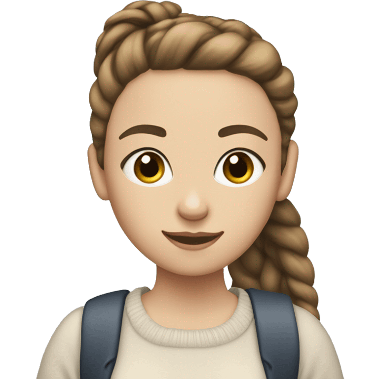 caucasian white IT girl student, holding laptop, blue eyes, brown hair ponytail wearing a thick sweater emoji