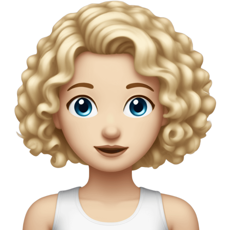 white girl with curly medium blonde hair, small light freckles on her cheeks, wearing a white tank top, blue eyes, slightly red cheeks, plump lips emoji