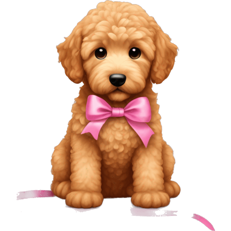 Ginger golden doodle. Baby. Full body sitting down. Pink ribbon  emoji