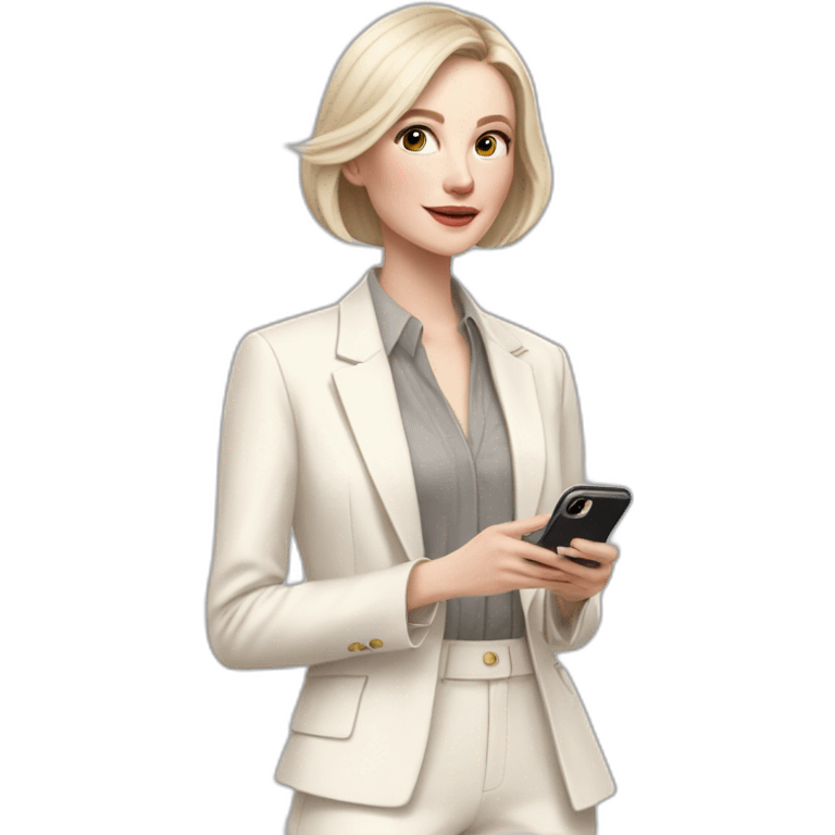 pale skin woman with ash blonde Straightened bob Hair, White Spacious classical jacket, beige palazzo Arrow pants and gray blouse holding white IPhone 14 pro in the hands emoji