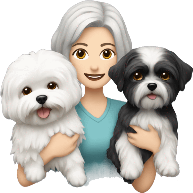 White women with short grey hair holding two dogs one black shih tzu and one white bichon frise emoji