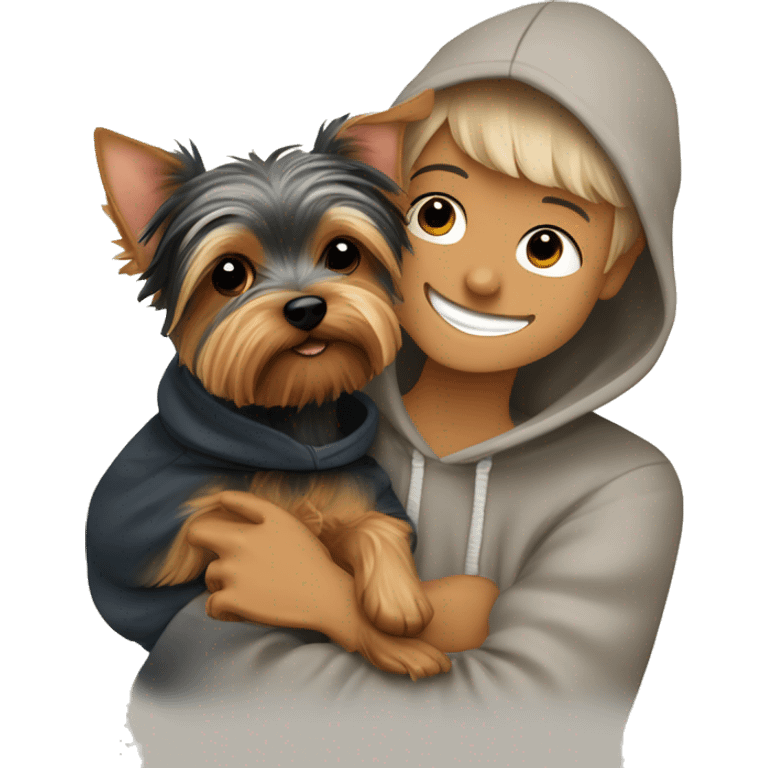 a cute Yorkie terrier boy, snuggling with his owner and the dog is in a hoodie ￼ emoji