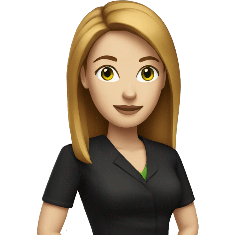 executive woman, straight golden brown hair, green eyes, black dress emoji