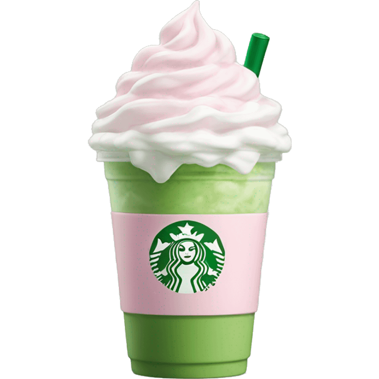 Clear Starbucks cup, no logo, with light pink drink, matcha foam, and whip cream on top emoji