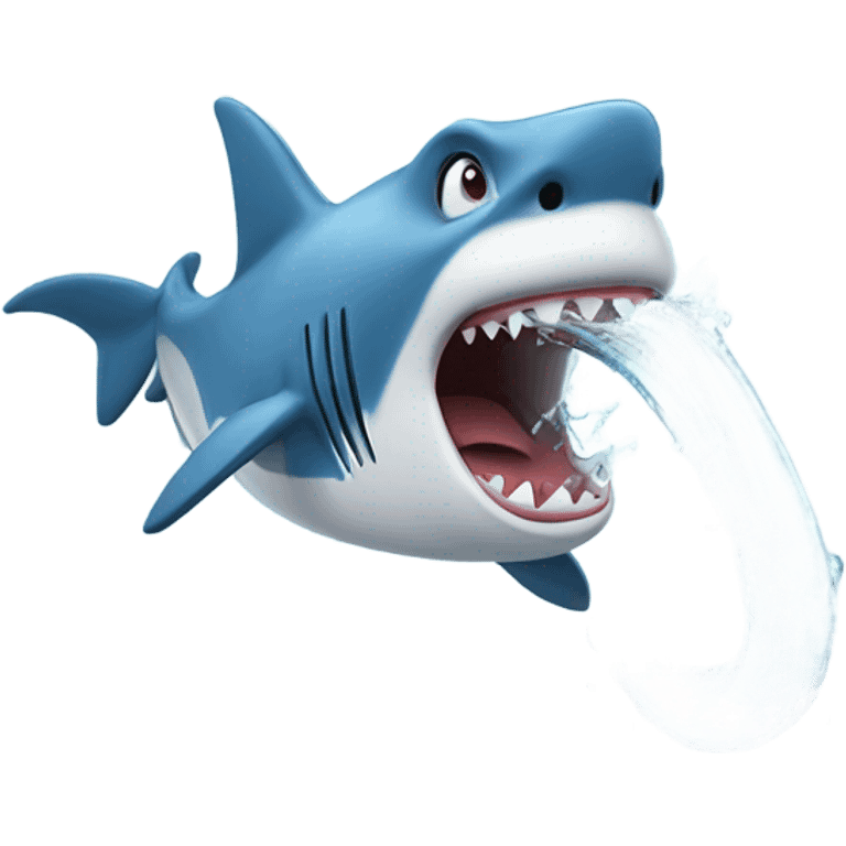 a goofy shark spraying water out of its mouth like a hose emoji