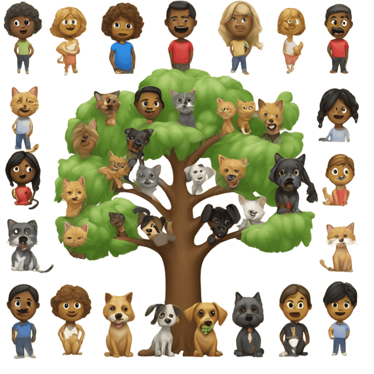 Family tree multirace  people, cats and dogs emoji