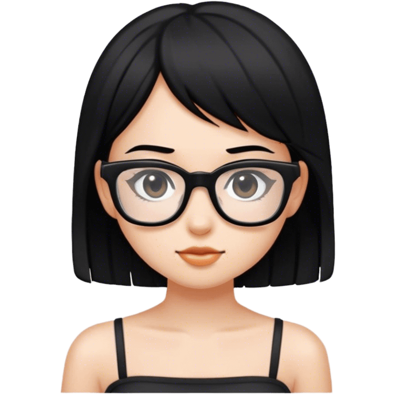 a teen girl with straight black hair wearing glasses and a tube top thats black emoji