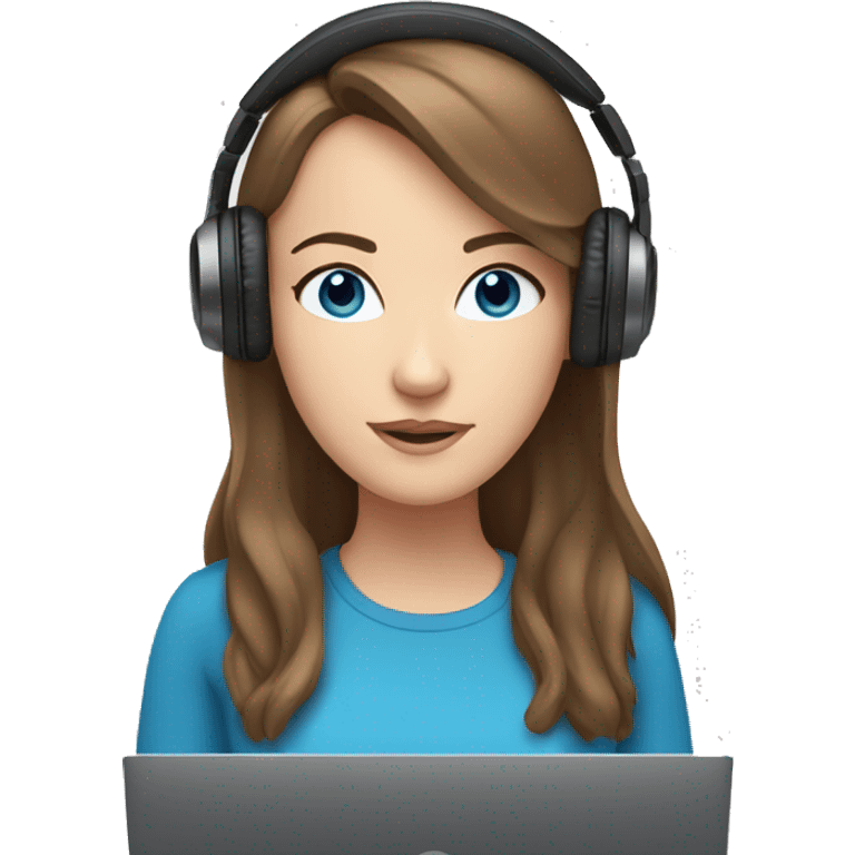 white girl at desk, brown hair, blue eyes, computer, headphones emoji