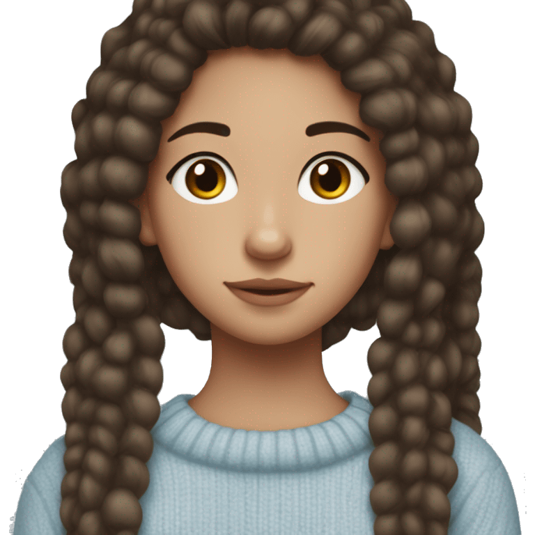 teenage girl, hispanic, freckles, afro brown hair, pony tail, brown eyes, light blue sweater, winter sweater, freckles emoji