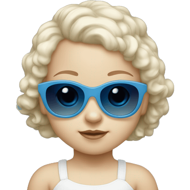 little white baby girl with blue frame sunglasses and dark lens emoji