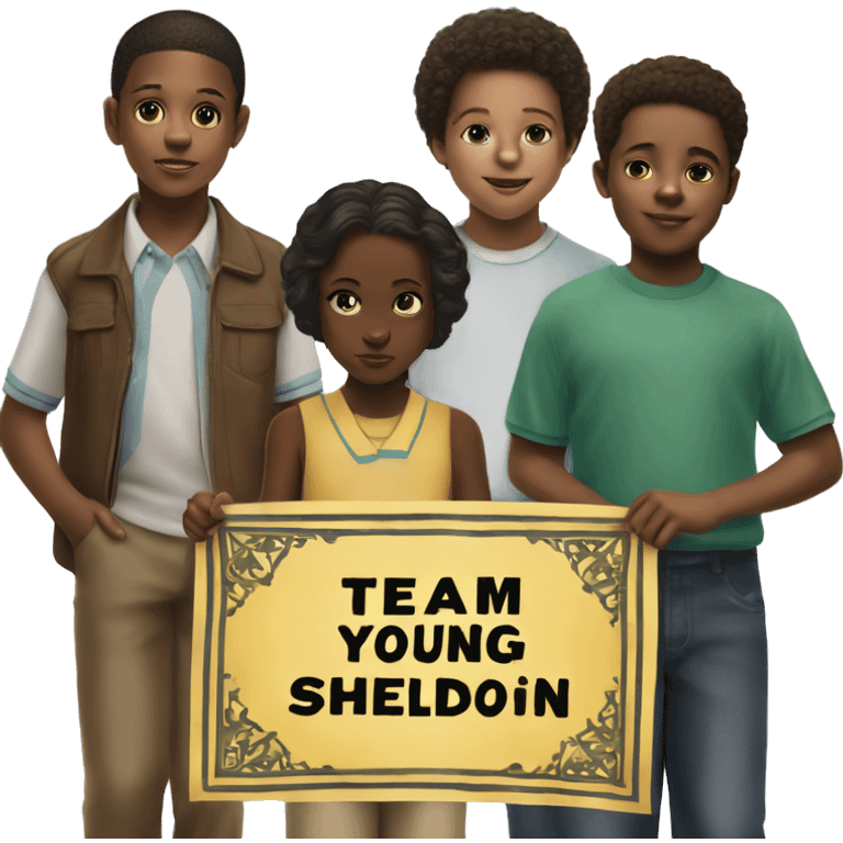 Group of young black children holding a banner that says “Team Young Sheldon” emoji