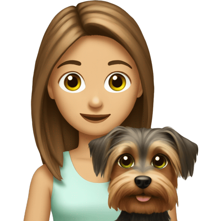 Girl with brown hair and green eyes is holding a silky terrier dog  emoji