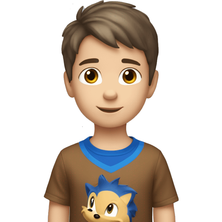 A young 5 year old white boy with short brown hair and brown eyes wearing a blue sonic the hedgehog shirt
 emoji