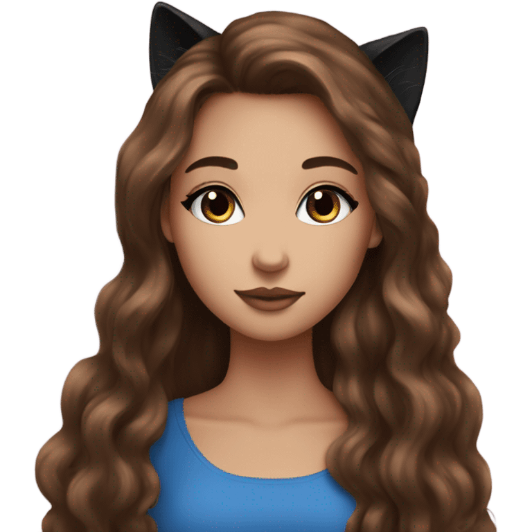 pretty girl brown long hair makeup with black kitten and blue eas emoji