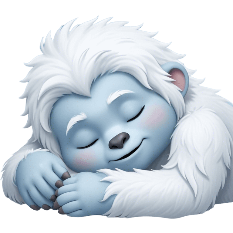 Meme-Worthy Cute Sleeping Yeti Portrait Emoji, with a charming, fluffy, snow-dusted figure in gentle whites and cool blues, head resting in blissful, serene slumber with closed, peaceful eyes and a small, contented smile, simplified yet irresistibly adorable, highly detailed with a soft frosty outline that captures the tender drowsiness of a yeti drifting into snowy dreams! emoji