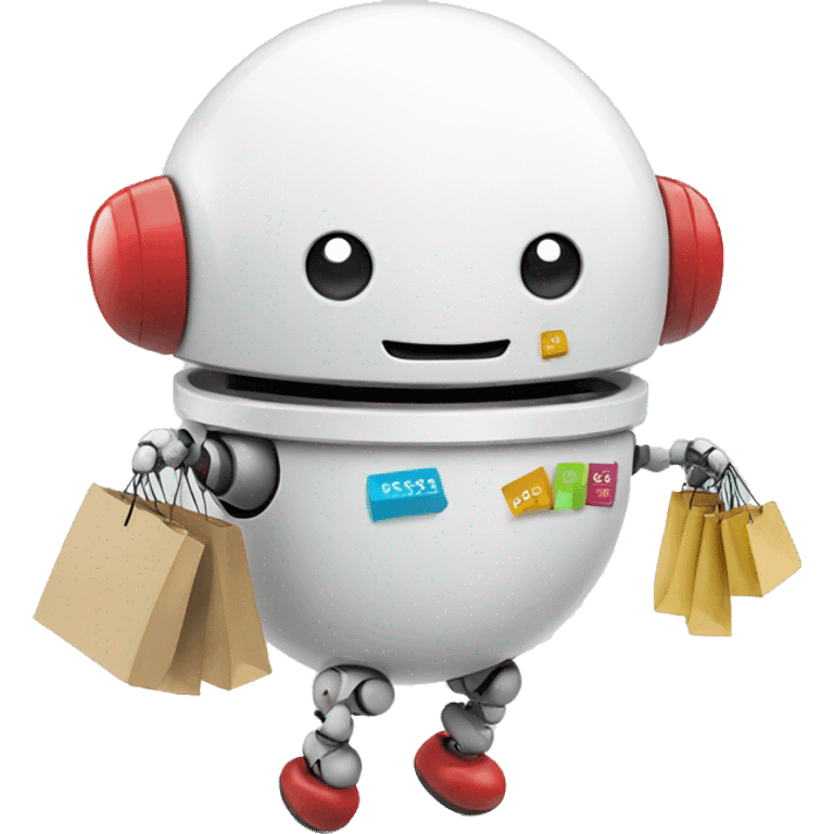 cute white floating spherical happy robot with floating shopping bags emoji