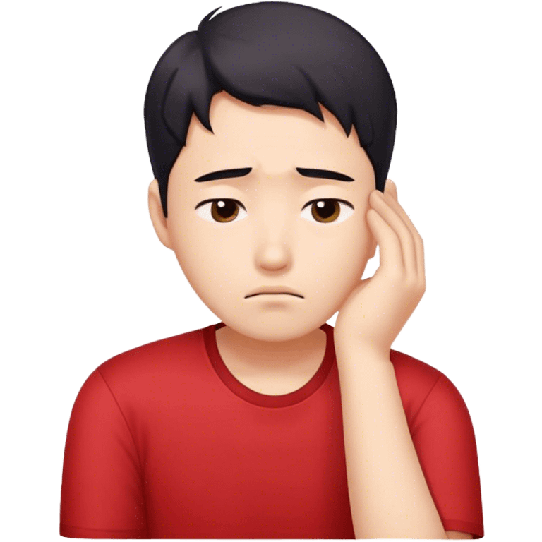 A worried white skib Korean man in a red shirt, resting his head on one hand emoji