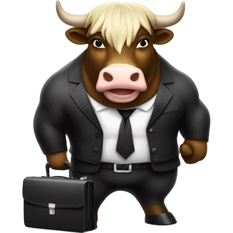 big muscular bull wearing black suit and holding a briefcase full of money with happy face emoji