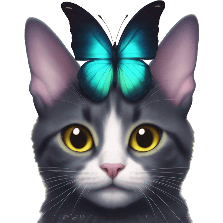 Dark iridescent butterfly glowing on top of cats head  emoji