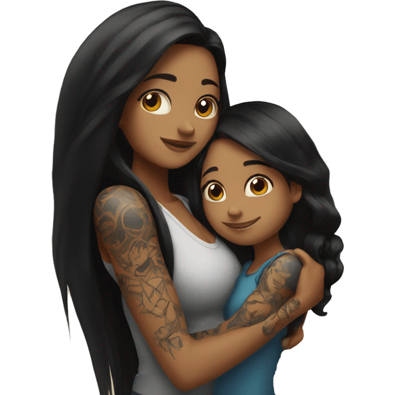 Girl with long black hair and tattoos and daughter with long brown hair hugging emoji