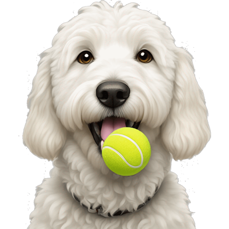 White golden doodle with tennis ball in mouth emoji