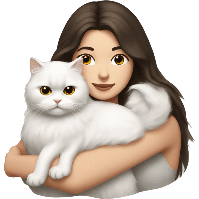 Brunette woman snuggling white Persian cat emoji