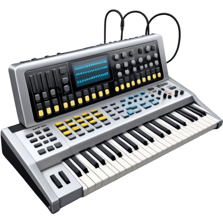 Create a professional and detailed emoji that represents sound design. The design should feature a high-end studio synthesizer, specifically a Korg synthesizer, with a mixing console and control panel, all connected with audio cables. Surround the equipment with flowing sound waves or musical notes to symbolize the creation and manipulation of sound. Use colors like metallic silver, black, and neon accents to emphasize the technical, creative nature of sound design. The background should be transparent. emoji