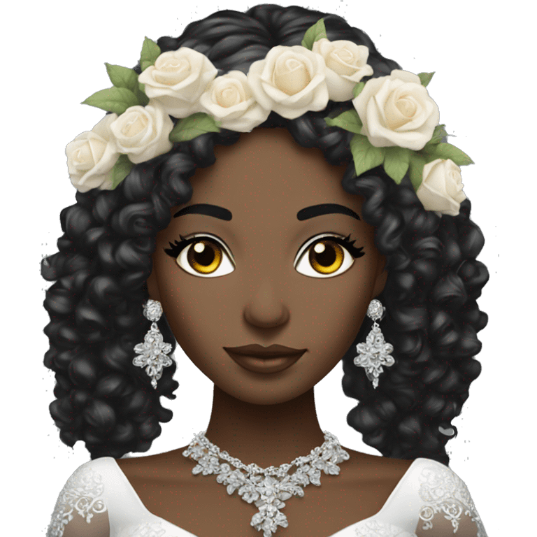 African bride. Glitter makeup. Long black curly hair. Silver jewelry. Holding flowers. Eyes closed. emoji