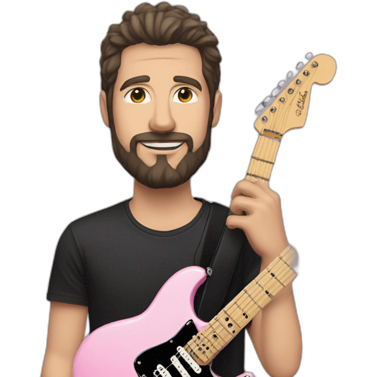 white man with dark beard and black t shirt and pastel pink stratocaster electric guitar emoji