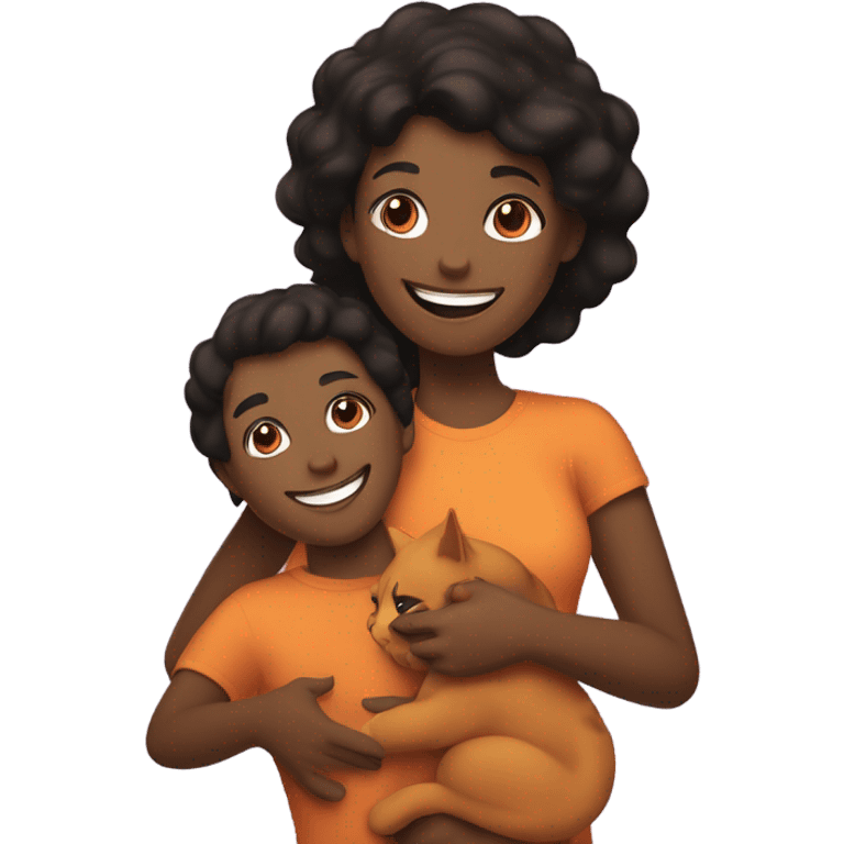 a happy light-brown woman with black hair and a happy brown man with brown hair are friends and holding an orange cat emoji