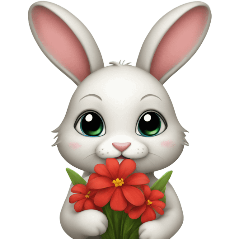 Cute bunny holding red flowers  emoji