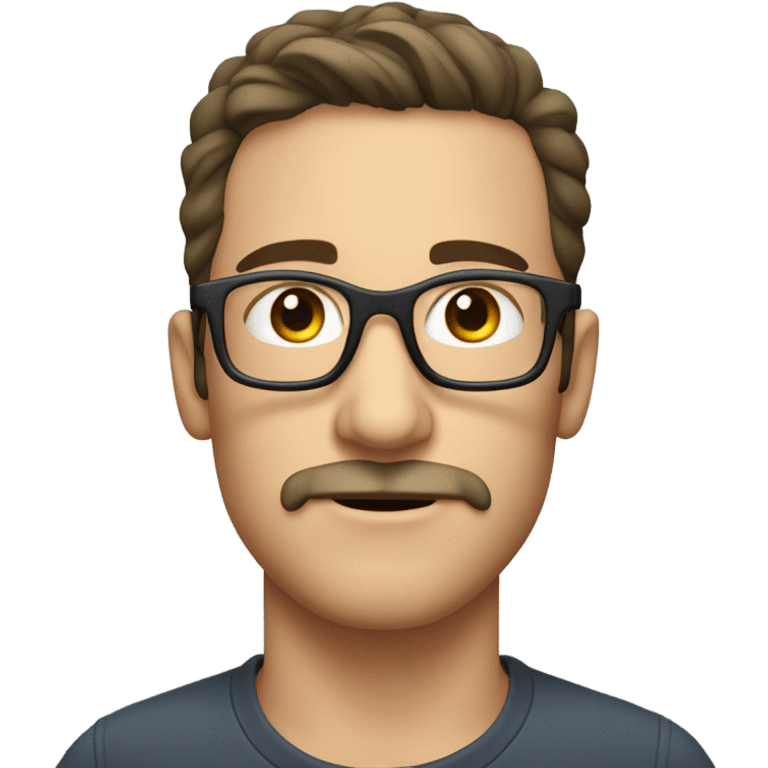 young caucasian man with dark hair, mustache, and scruff, wearing clear framed glasses emoji