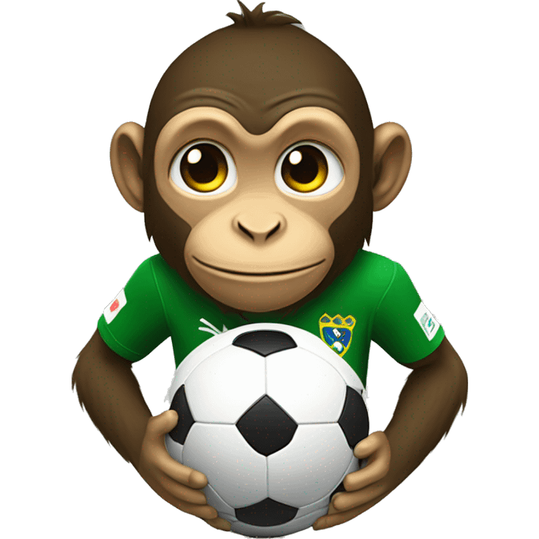 Make a monkey in Brazil national team soccer gear playing with a soccer ball and crying at the same time.  emoji