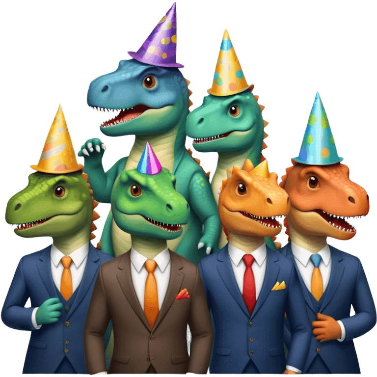 office dinosaurs in suits celebrating birthday emoji