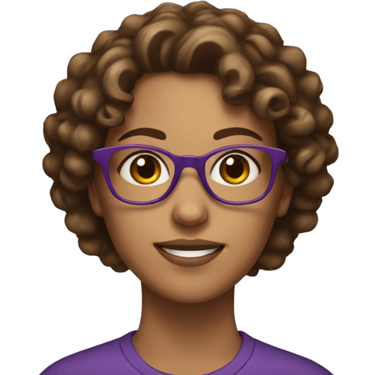 female with brown curly hair, hazel eyes, purple glasses emoji