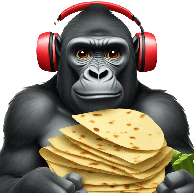 Gorilla, wearing red headphones and eating tortillas in a desert with cacti emoji