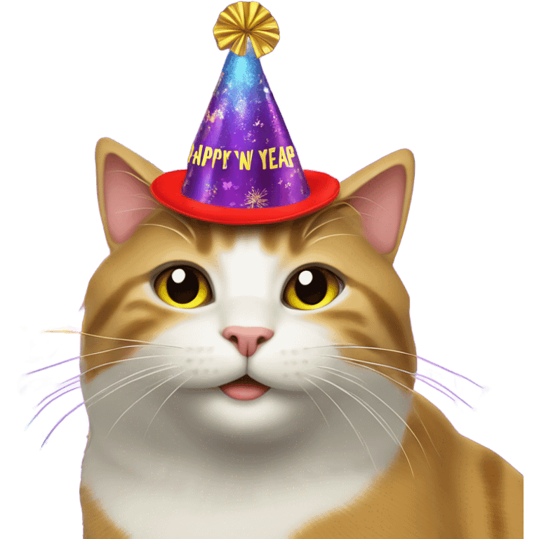 Cat wearing new years eve Party hat with happy new year emoji