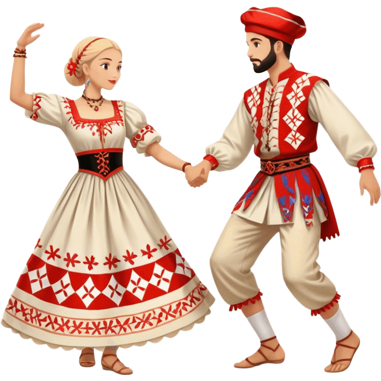 Cinematic Realistic scene of two performers engaging in the Croatian Linđo folk dance, adorned in vibrant traditional costumes with intricate patterns and accessories, captured in graceful, synchronized motion under festive natural lighting. emoji