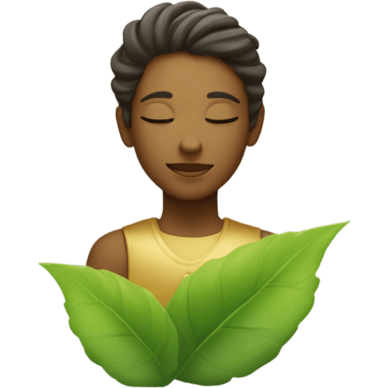 A calm and relaxed face with closed eyes and a gentle smile. It is surrounded by bright green leaves and a soft golden aura of light, conveying peace and spiritual serenity. emoji