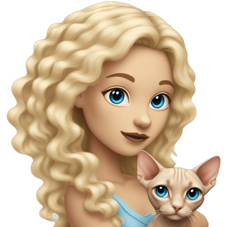 Blonde girl with curly long hair and blue eyes holding sphynx cat emoji