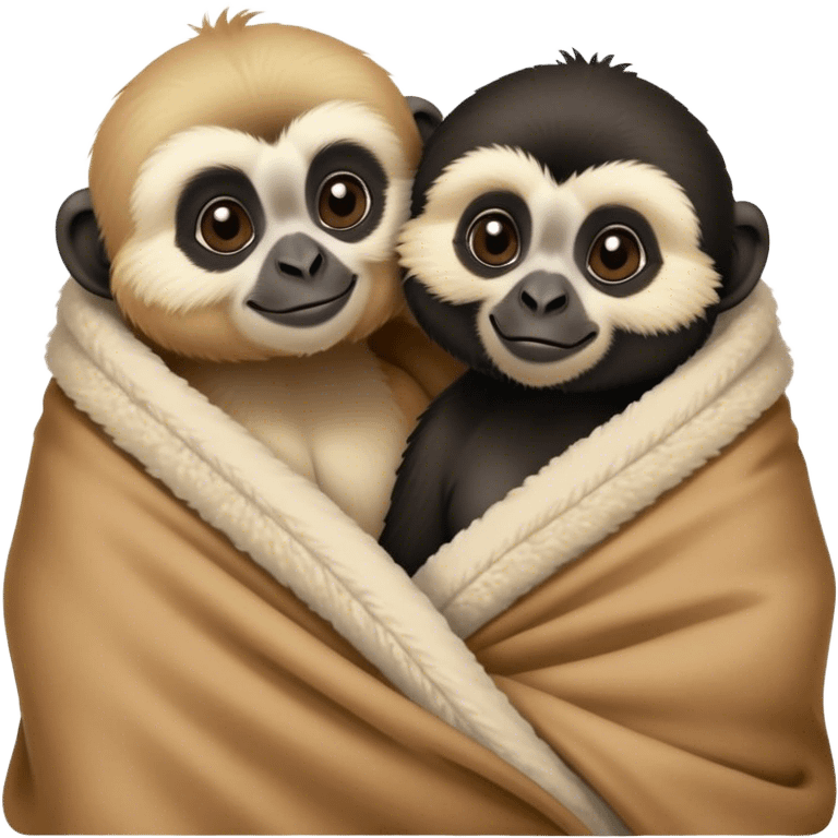 Two gibbons, one black and one tan, cozy snuggling in a blanket, cute Disney-style  emoji