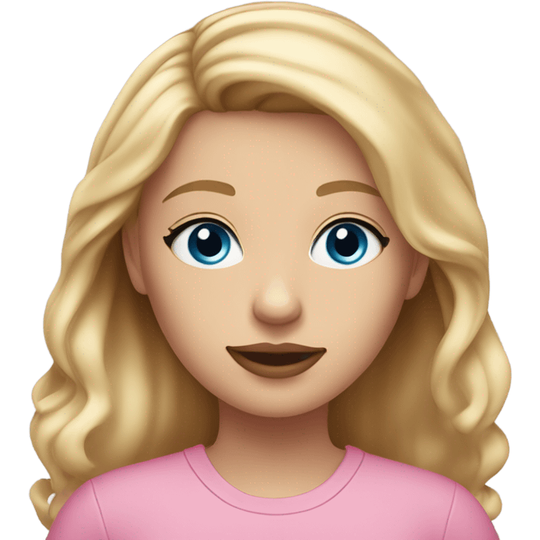 I 21 year old girl with warm blonde hair and blue eyes in a pink shirt. She has makeup on and pink lips emoji