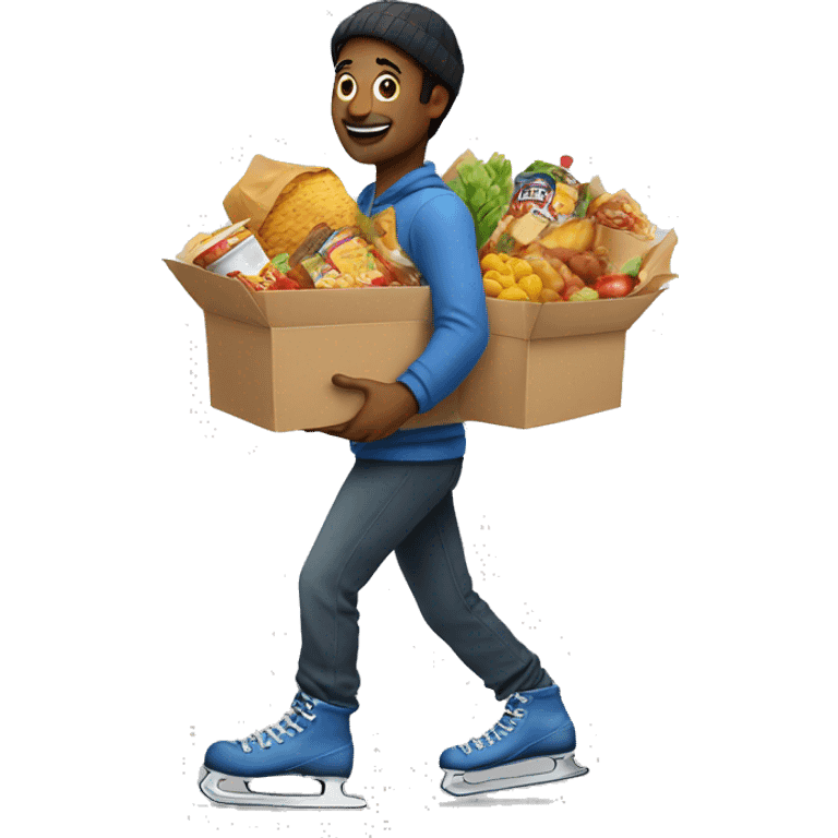 Man holding loads of food wearing skates emoji