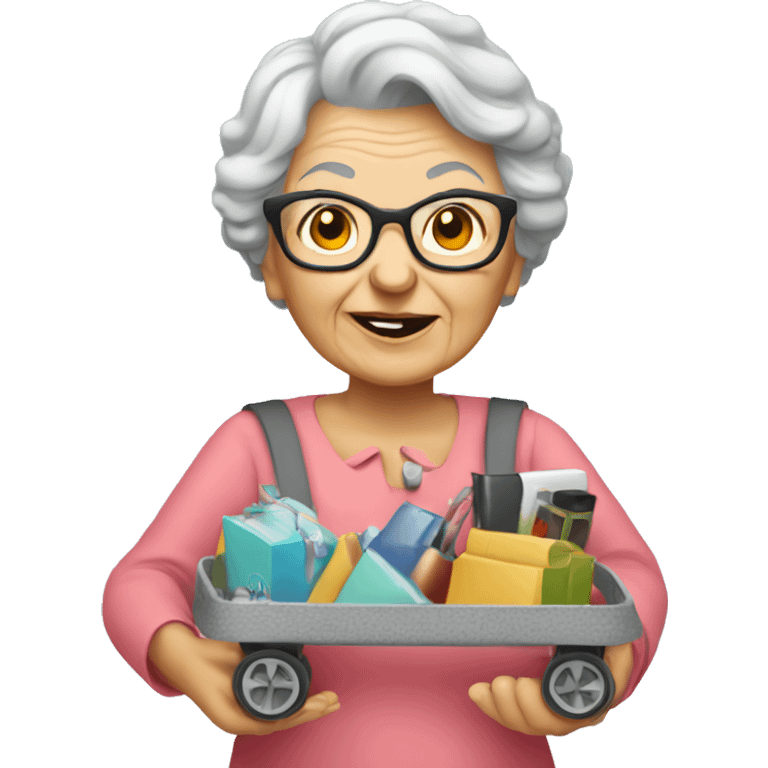 Granny pushing a cart full of hight tech devices emoji