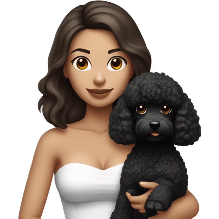 Brunette straight hair girl , in white strapless top holding a black toy poodle emoji