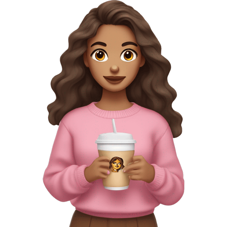 Brunette girl with softs makeup, has a tan skin, wavy long hair, dark brown eyes, wearing pink sweater, has a cup of iced coffee in both hands  emoji